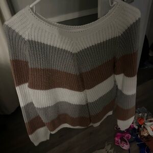 Cozy Striped Knit Sweater - White, Gray, Brown